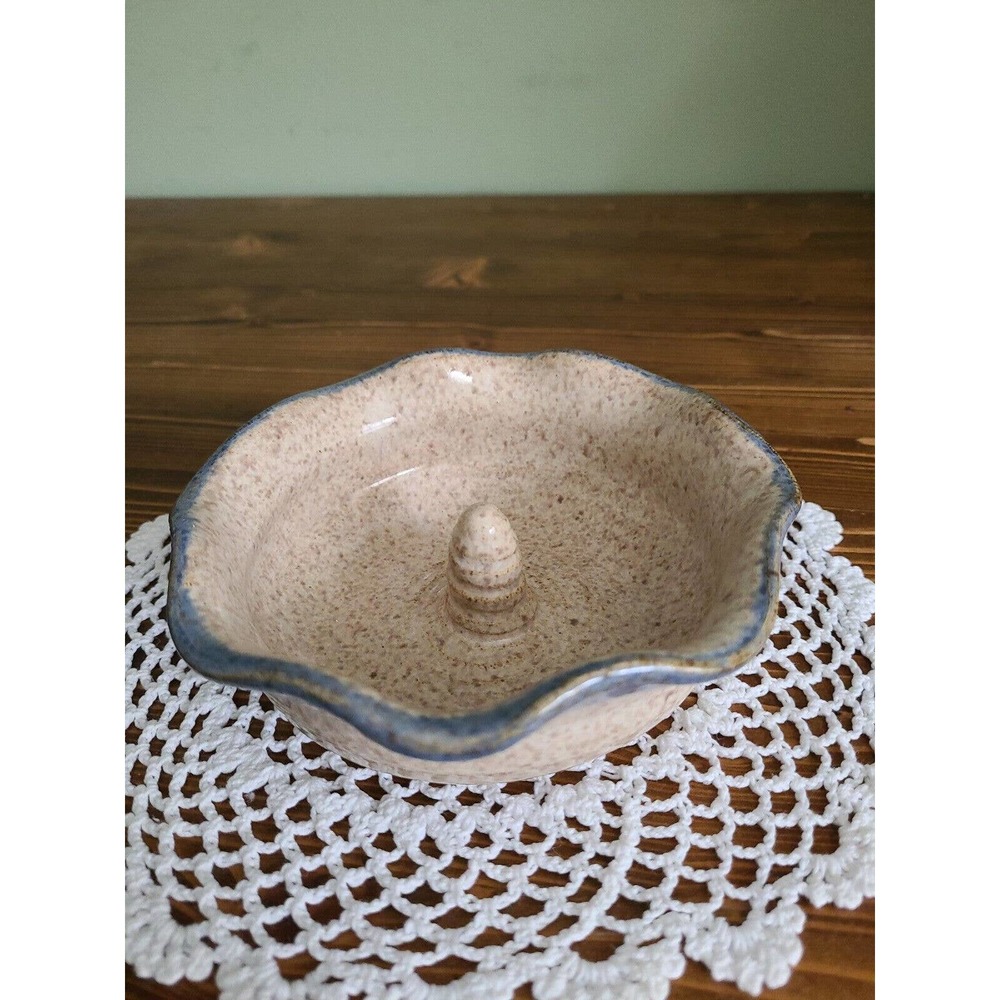 Blue beige Stoneware Apple Baker Bowl Baking Dish Baked Apples Pottery Signed